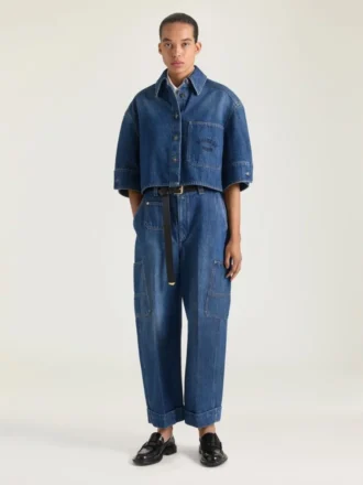 Camisa corta tipo capullo en denim azul medio