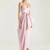 Vestido bustier de noche en polifaille con detalle de lazo