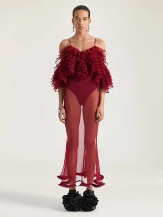 Vestido largo con volantes en punto ultrafino