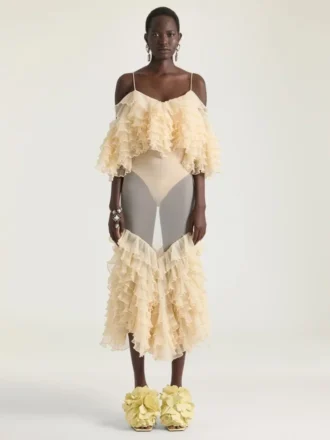 Vestido largo con volantes en punto ultrafino