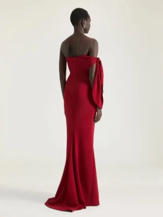 Vestido largo de noche tipo bustier en crepé con lazo y lentejuelas